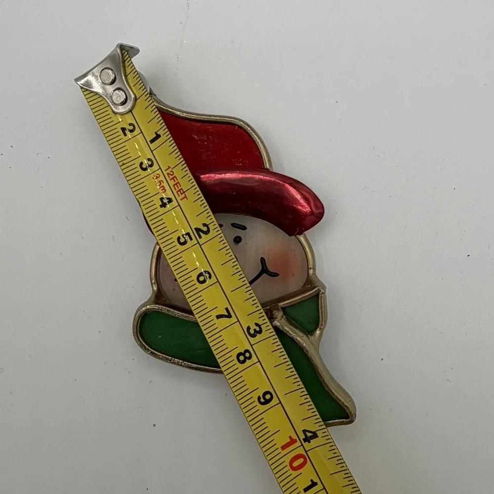 VTG Stained Glass Snowman Christmas Ornament Holiday Decor Red Hat Green Scarf‎